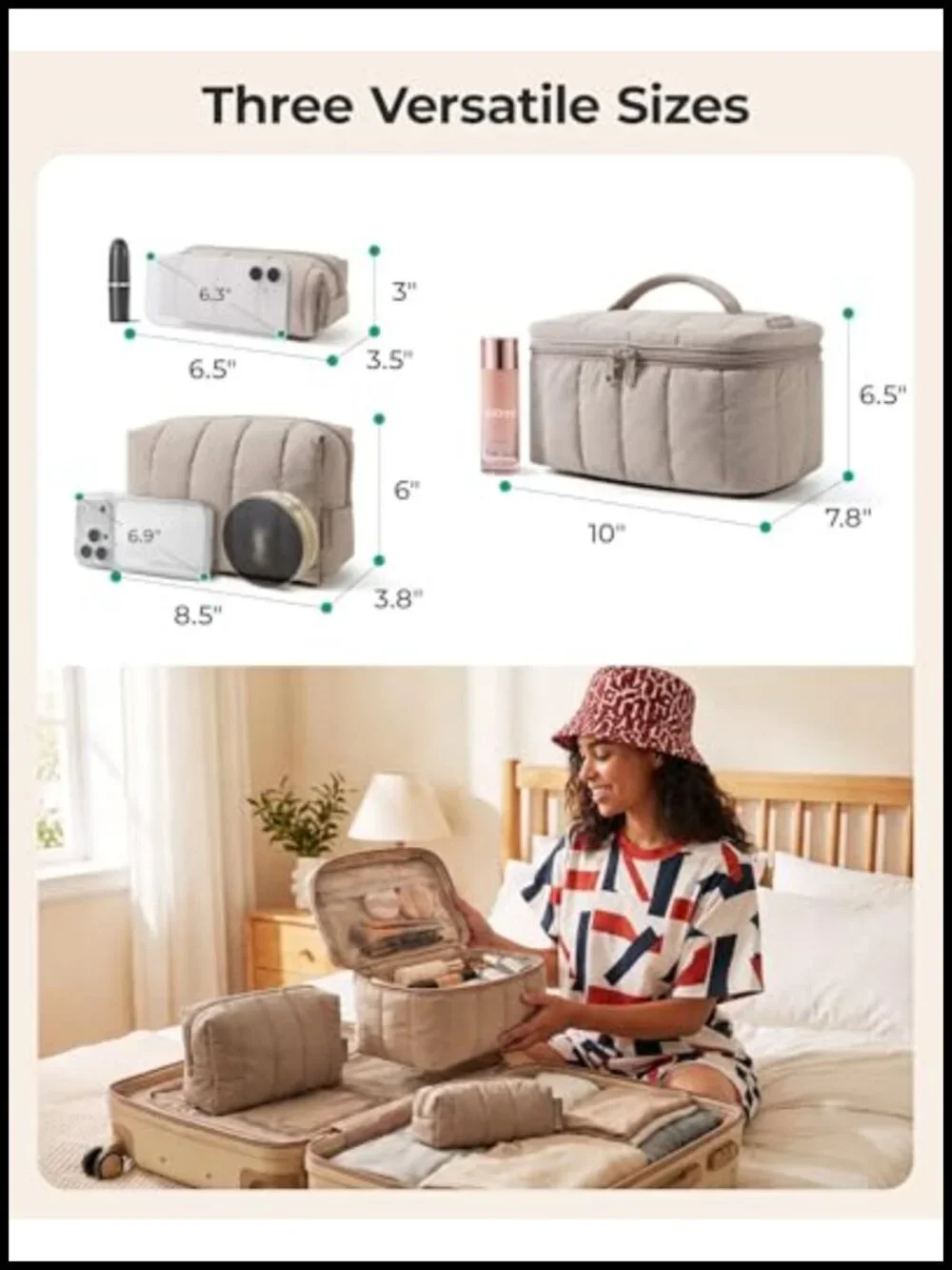 3 Pcs Puffy Travel Makeup Bag Set, Large Toiletry Organizer Case, Cosmetic Pouch